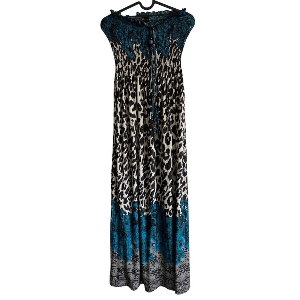 Club Z Collection Maxi Dress Teal Blue Leopard Print Smocked‎ Boho